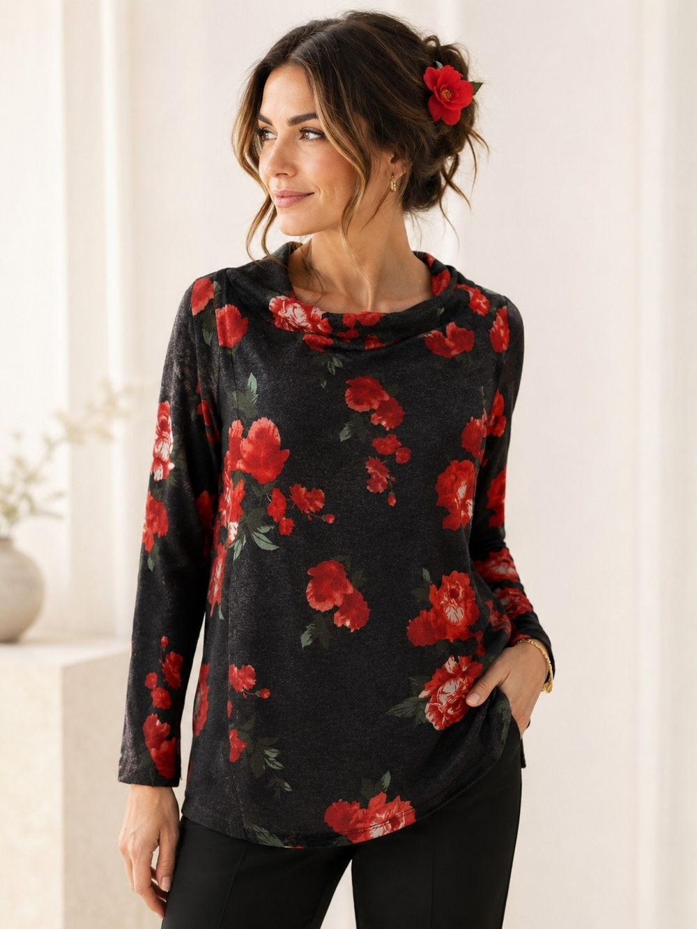 Lily Morgan🌹LNWOT Black/Gray Heathered Floral Tunic Top with Red Accents Sz M